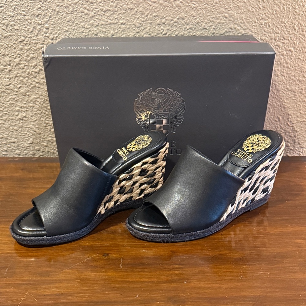 Vince Camuto Black and White Wedge Mules